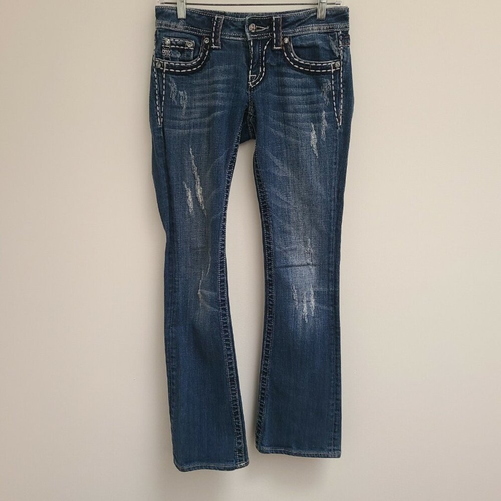 Miss Me Boot Cut Denim Big Stitch Jeans Dark Distressed Sz 26 JP55014-17
